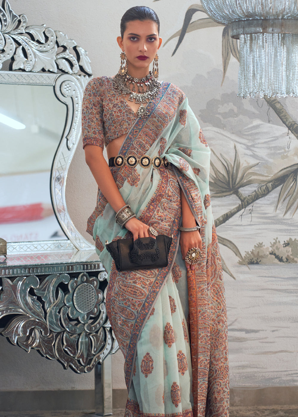 Light Sky Blue Woven Kashmiri Saree