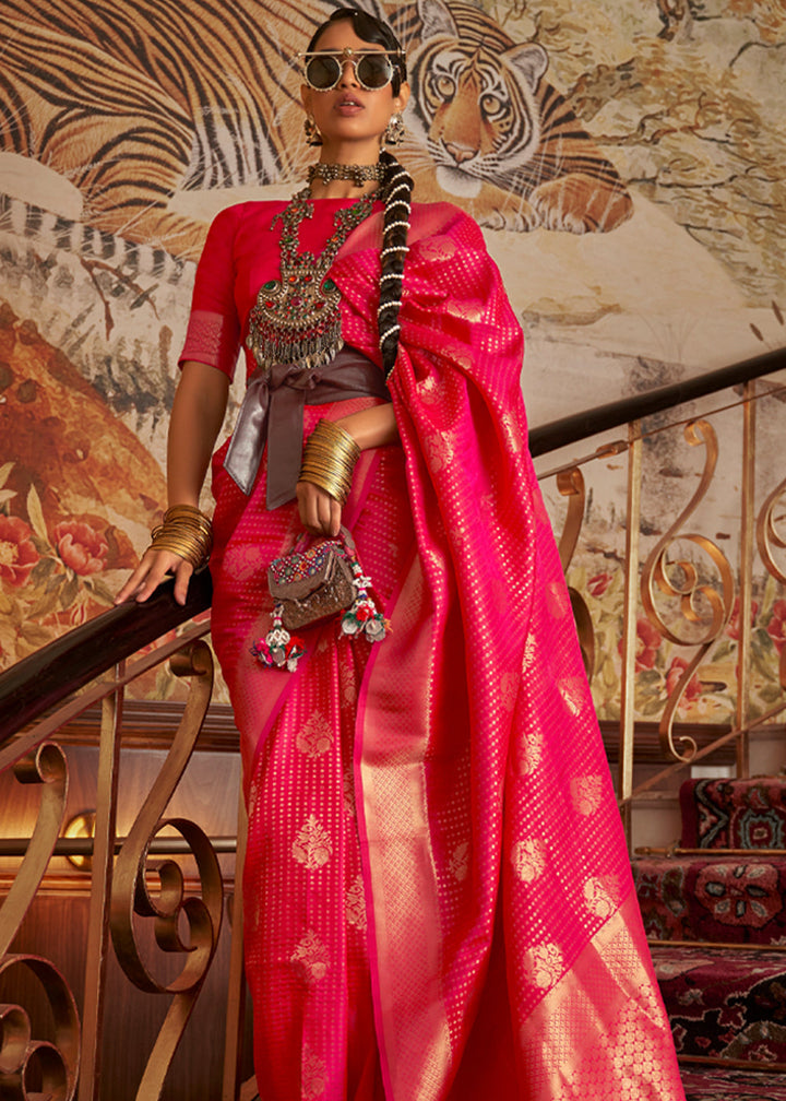 Dark Pink Nylon Chinon Two Tone Weaving Silk Saree