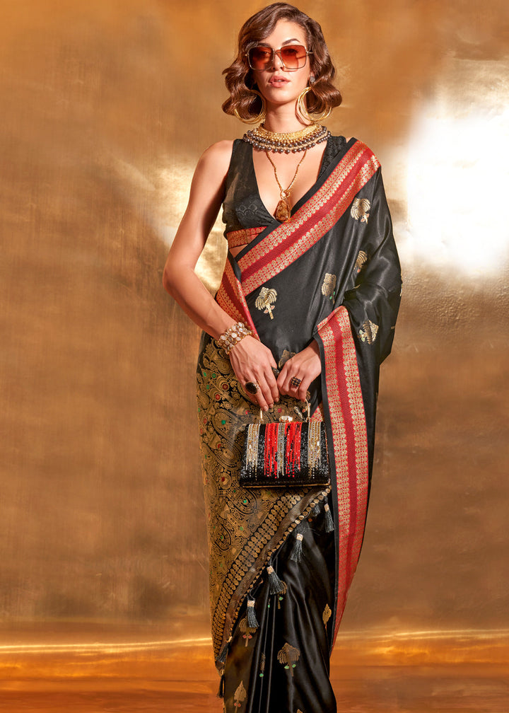 Black Pure Satin Chaap Handloom Weaving Silk Saree