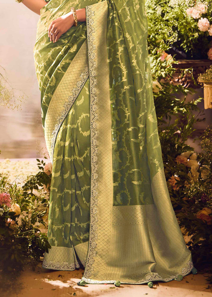 Grass Green Premium Banarasi Tissue Silk Designers Saree