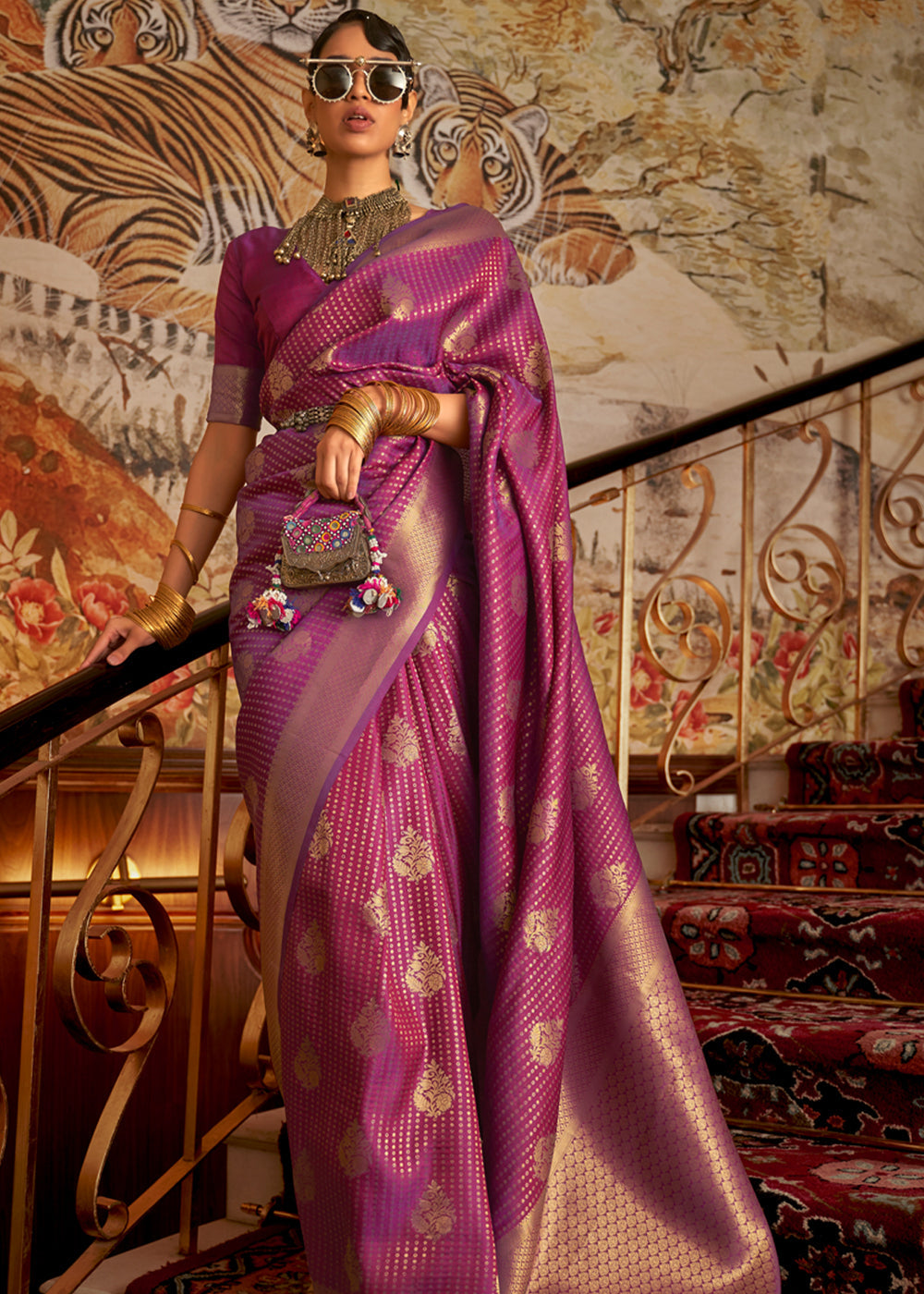 Purple Nylon Chinon Two Tone Weaving Silk Saree