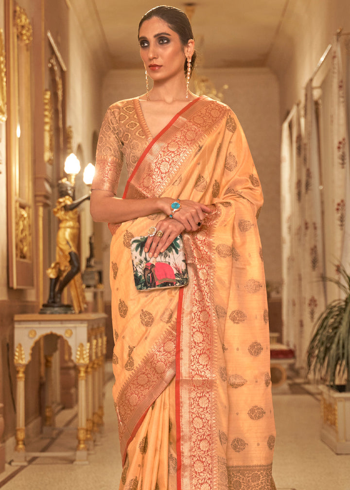 Apricot Orange Woven Tussar Silk Saree