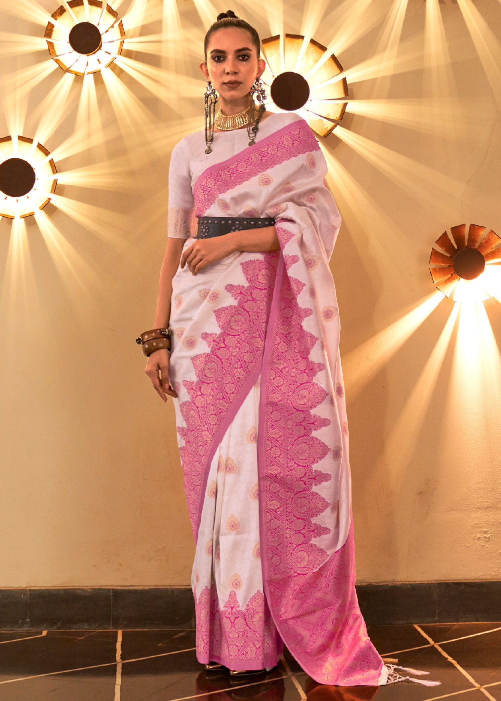 Light Pink Woven Banarasi Silk Saree