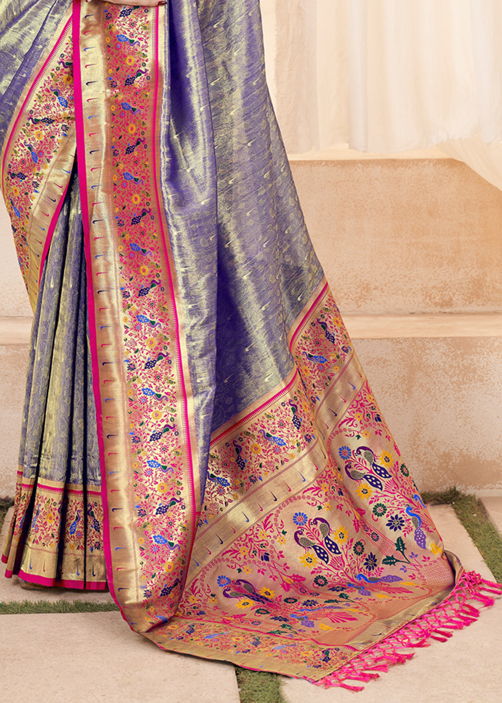 Sparkle Blue Designer Paithani Tissue Silk Saree With Contrast Blouse