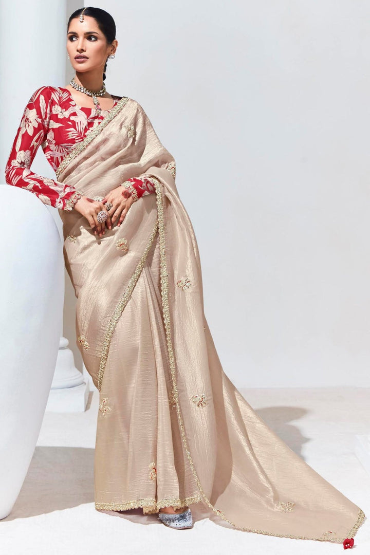 Vanilla Cream and Red Tissue Organza Silk Saree