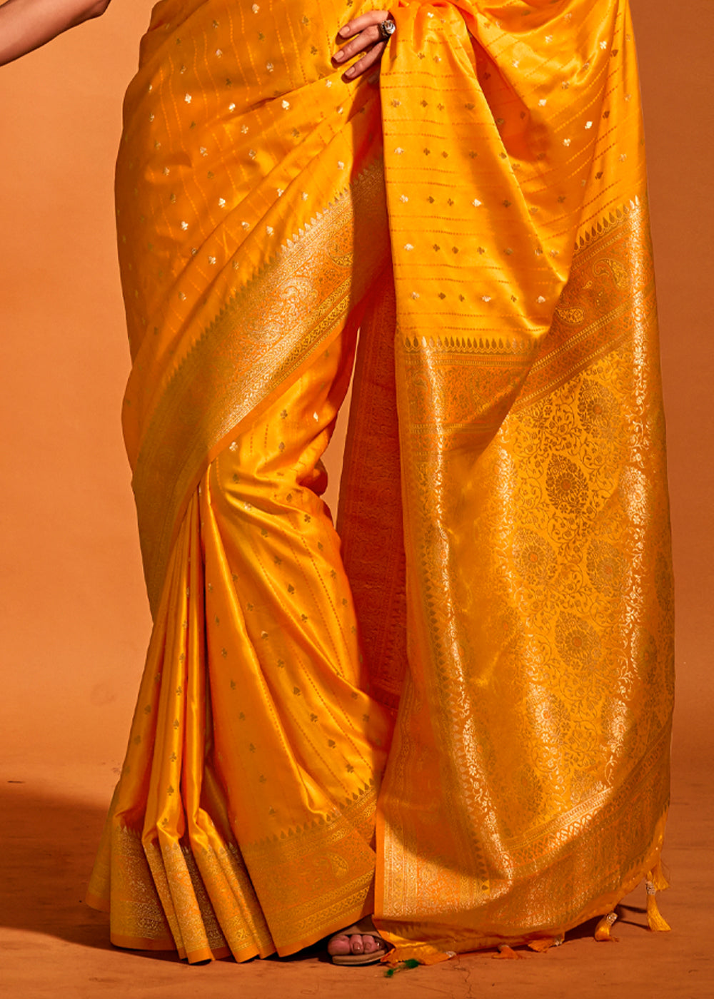 Blazing Yellow Banarasi Satin Weaving Silk Saree