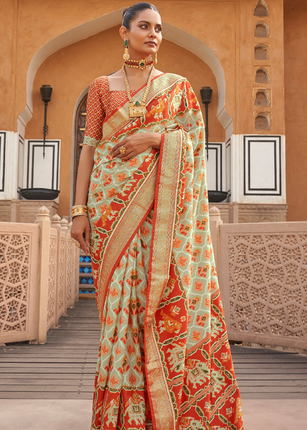 Beige and Red Designer Patola Silk Saree