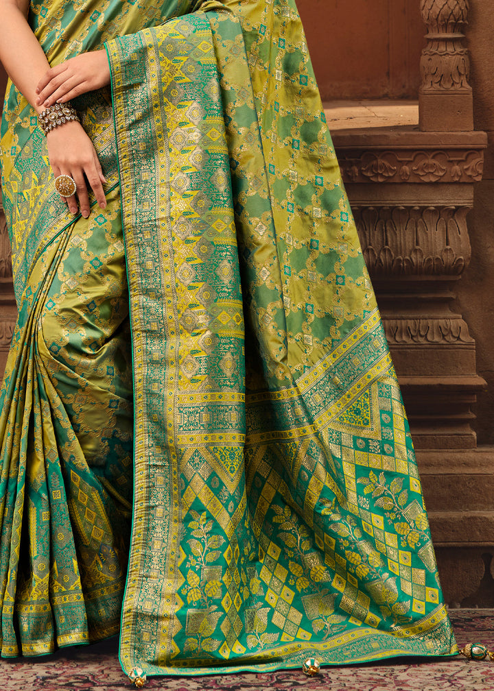 Lime Green Woven Banarasi Silk Saree With Embroidery Designer Blouse