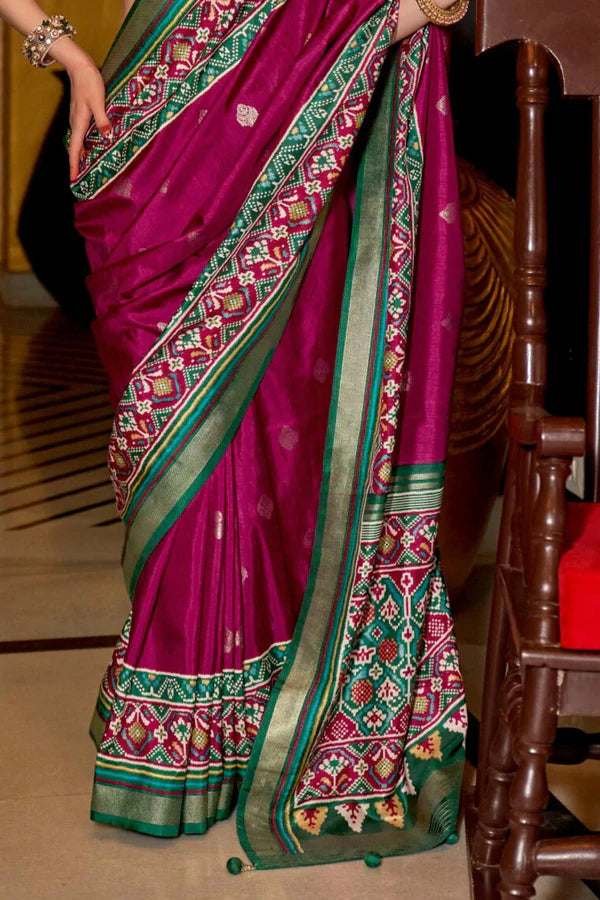 Dark Pink And Green Designer Patola Silk Saree