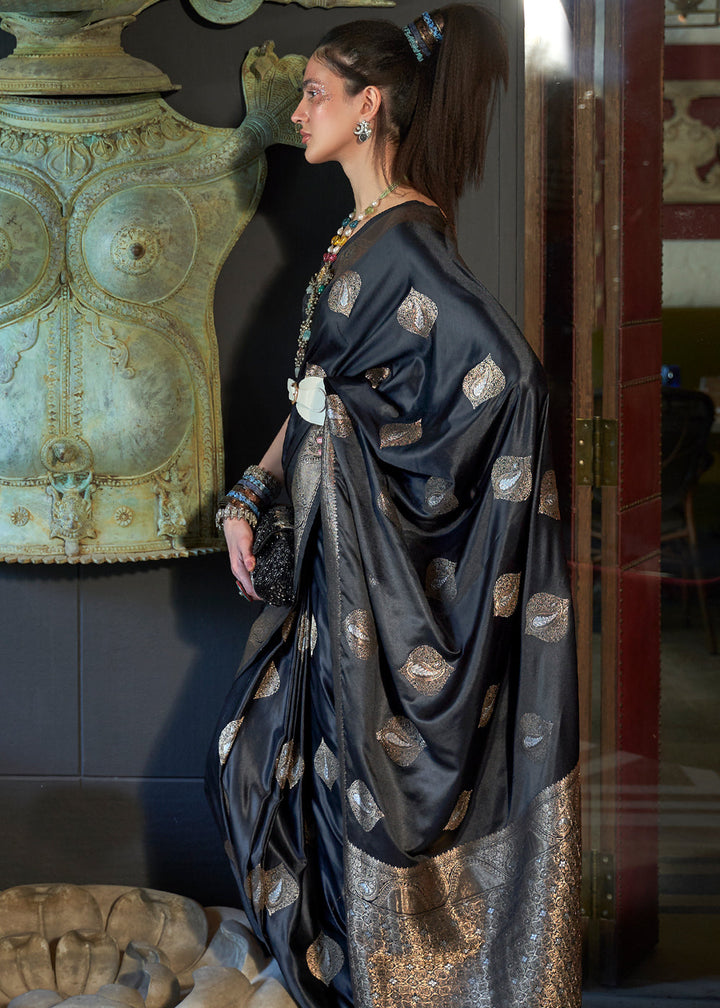 Black Satin Handloom Weaving Silk Saree