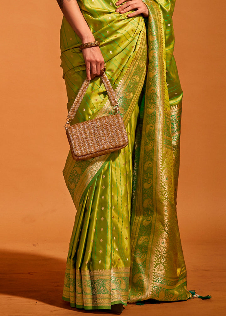 Lime green Banarasi Satin Weaving Silk Saree