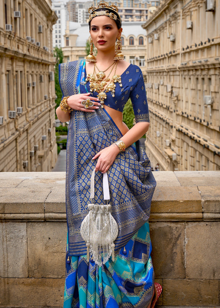 Princess Blue Printed Patola Saree With Blouse