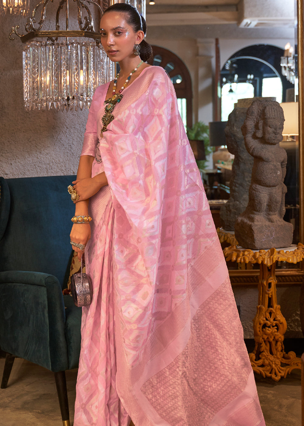 Flamingo Pink Linen Handloom Weaving Saree