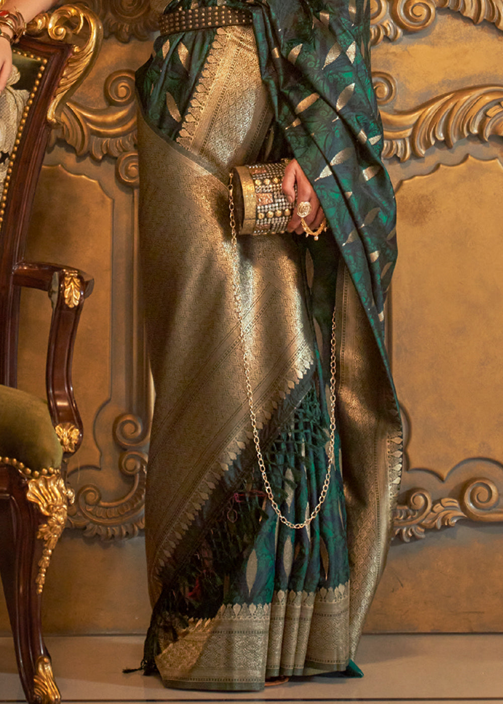 Dark Green Woven Banarasi Satin Silk Saree