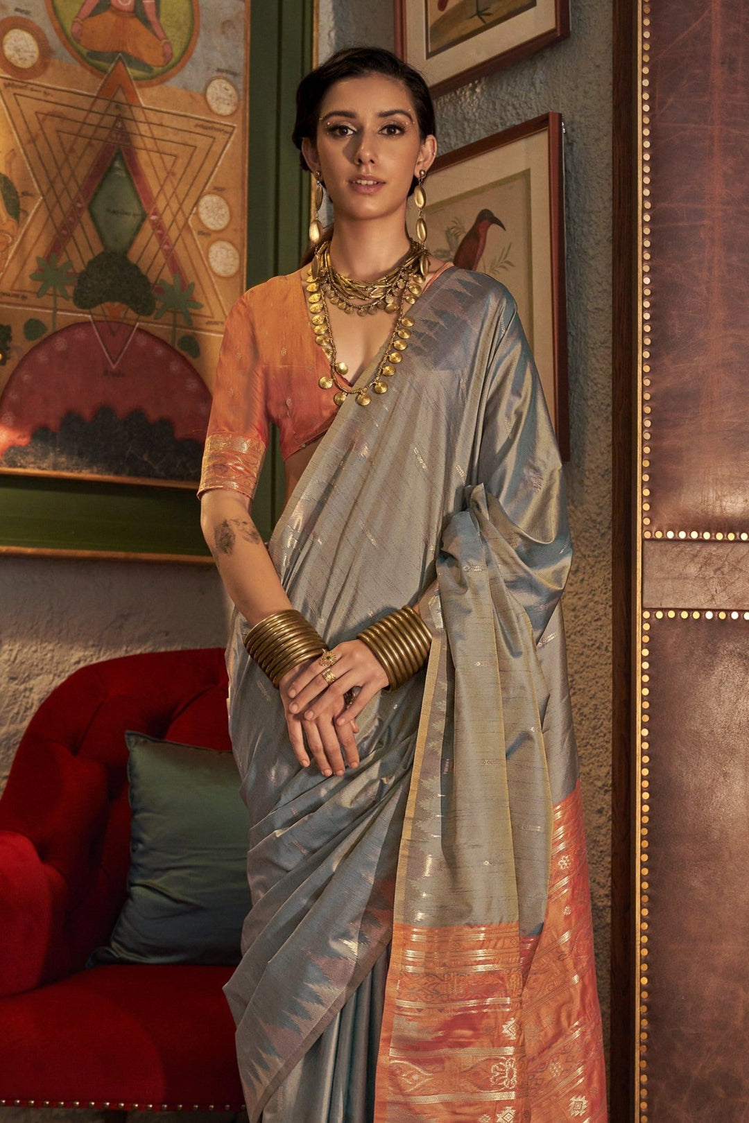 Light Grey Woven Tussar Silk Saree with contrast blouse