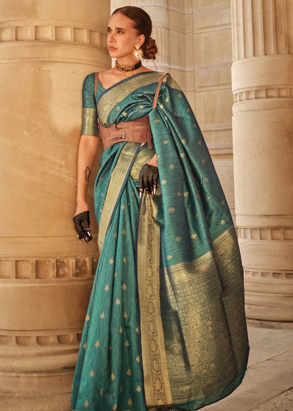 Teal Green handloom Weaving khadi silk saree