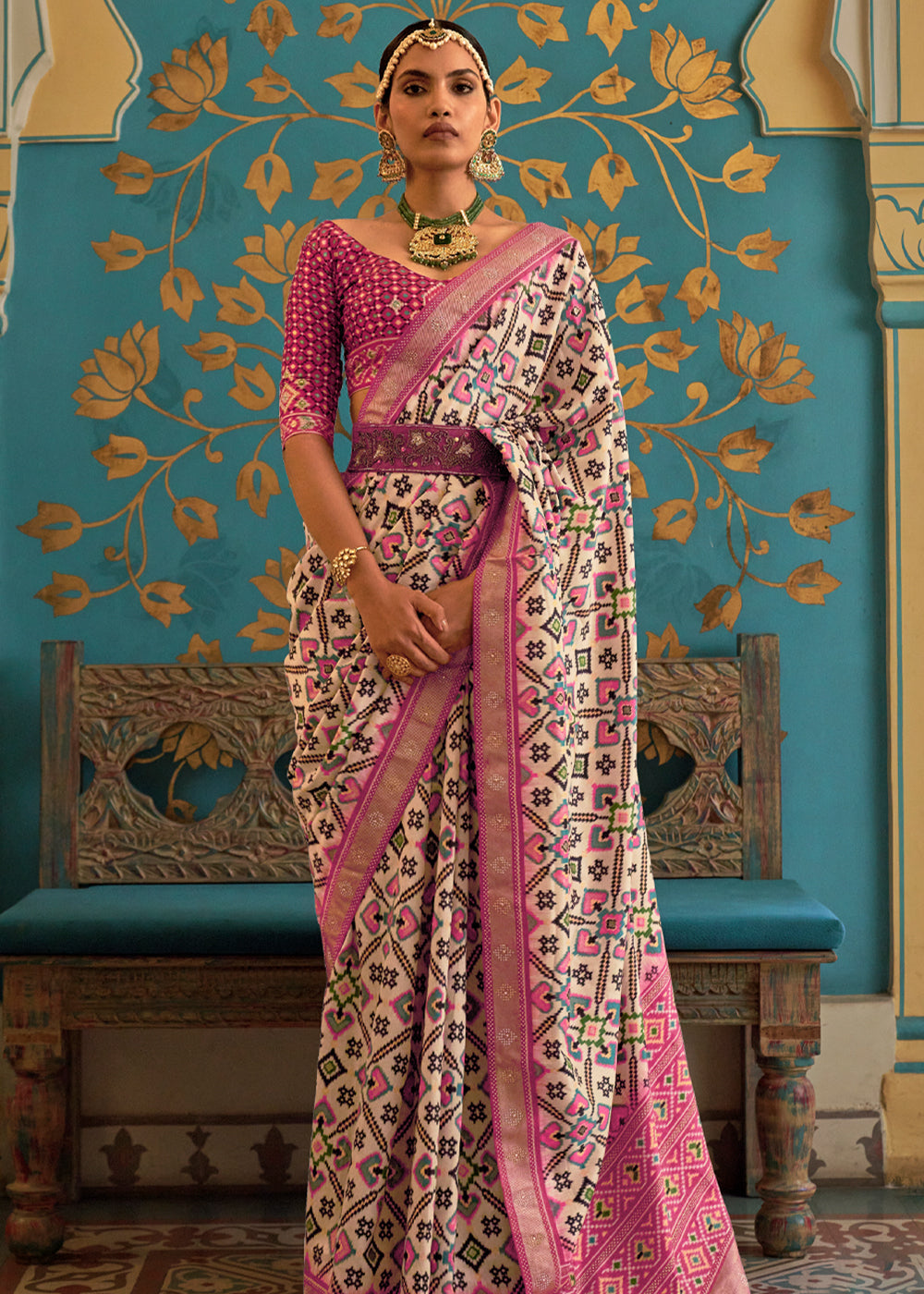 Blush Pink And Beige Designer Patola Silk Saree