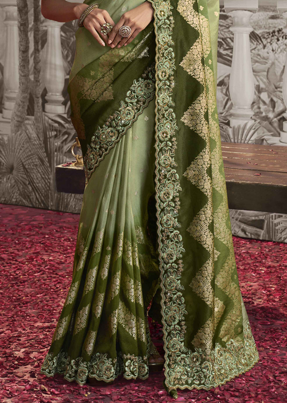 Olive Green Soft Woven Embroidery Designer silk Saree With Matching Floral work blouse