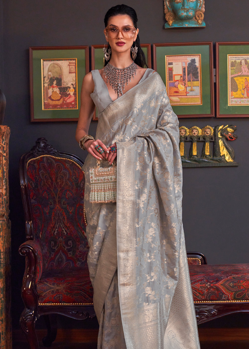 Silver Grey Katan Handloom Weaving Silk Saree