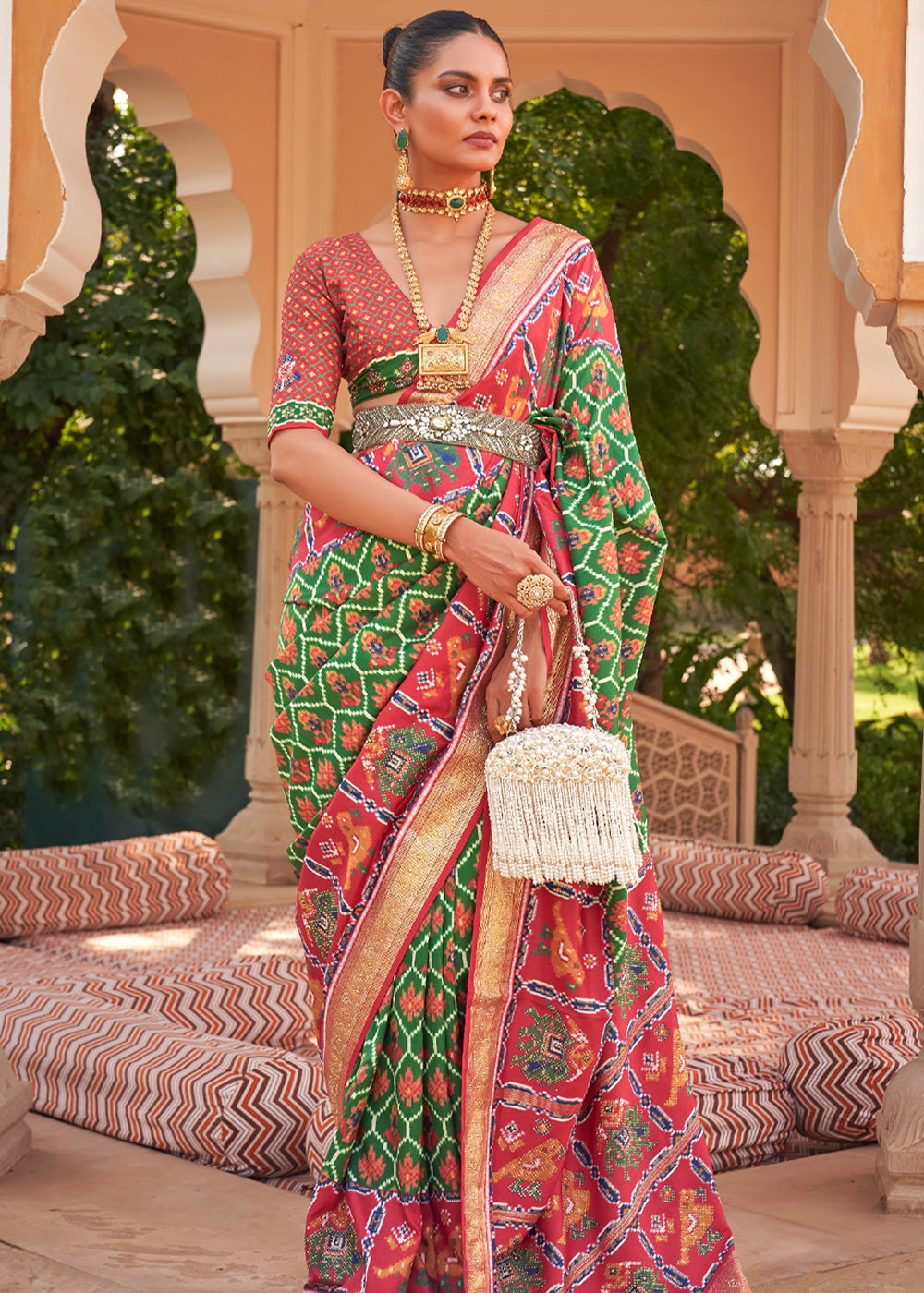 Green and Red Designer Patola Silk Saree