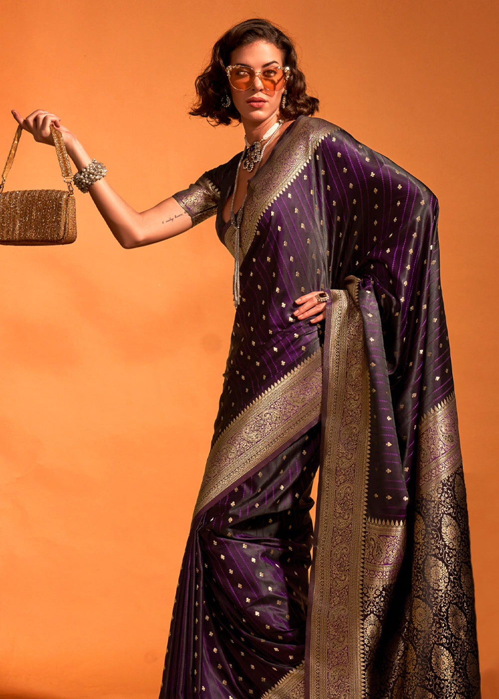 Rich Dark Purple Banarasi Satin Weaving Silk Saree