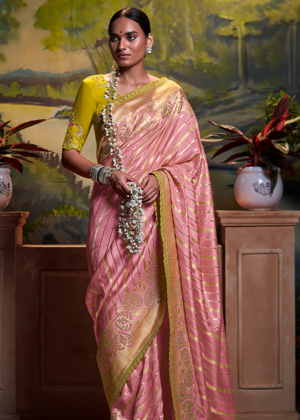 Baby Pink Yellow Woven Dola Silk Saree with Designer Embroidery