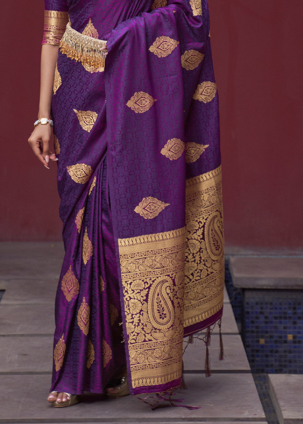 Dark Purple Woven Banarasi Satin Silk Saree