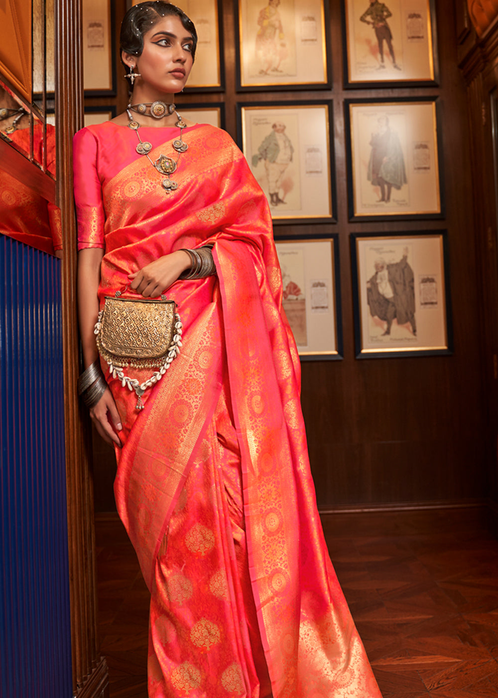 Hot Orange Woven Banarasi Silk Saree