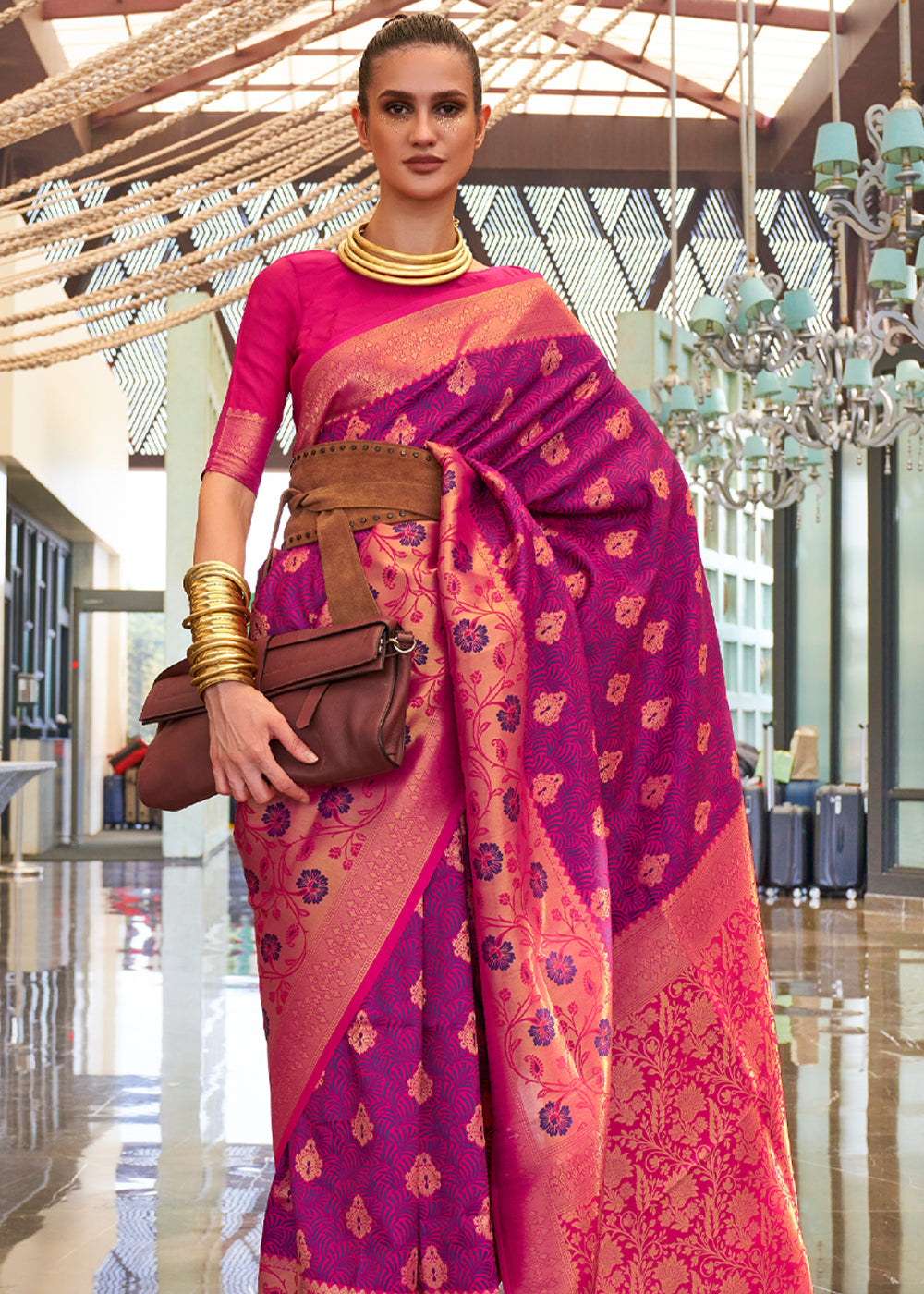 Purple and Pink Handloom Woven Silk Saree