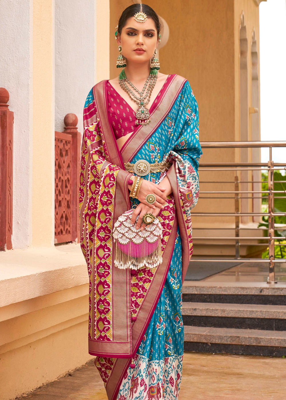 River Blue Printed Patola Saree With Contrast Blouse