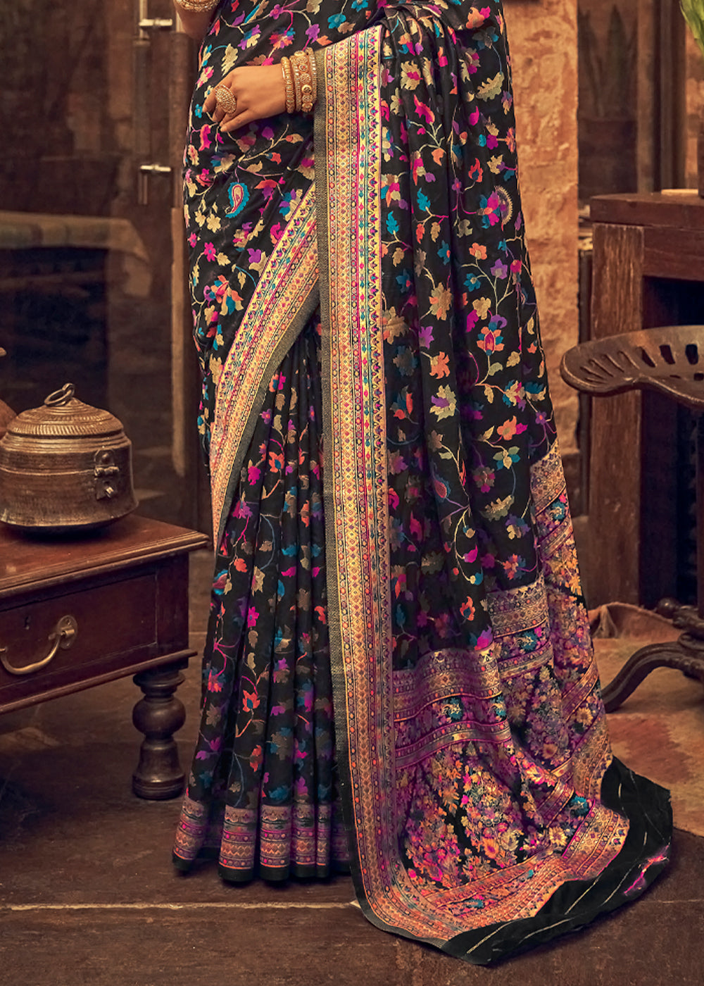 Royal Black Kashmiri Woven Banarasi Saree