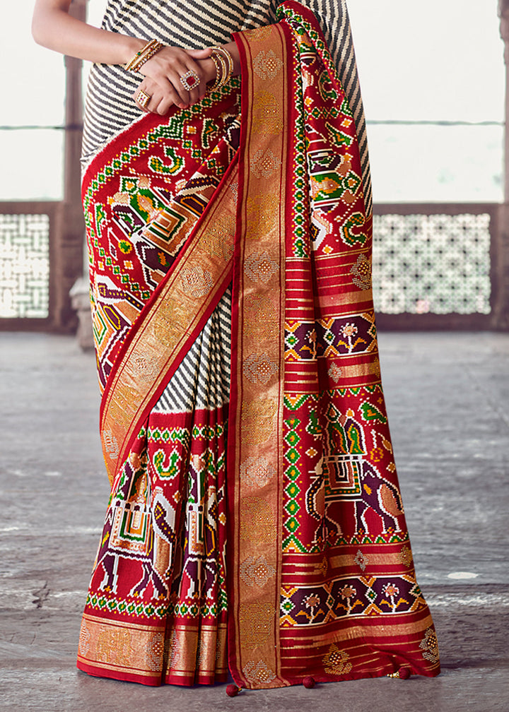 Stunning Red And Grey And Pink Designer Patola Saree