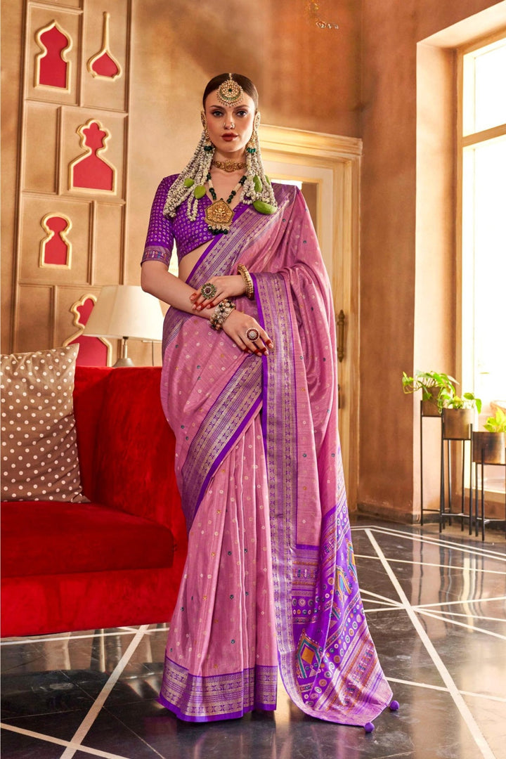 Baby Pink and Purple Printed Designer Patola Saree