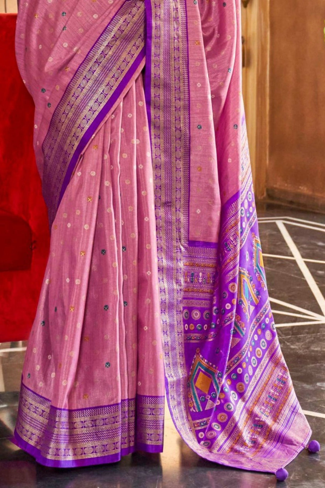 Baby Pink and Purple Printed Designer Patola Saree