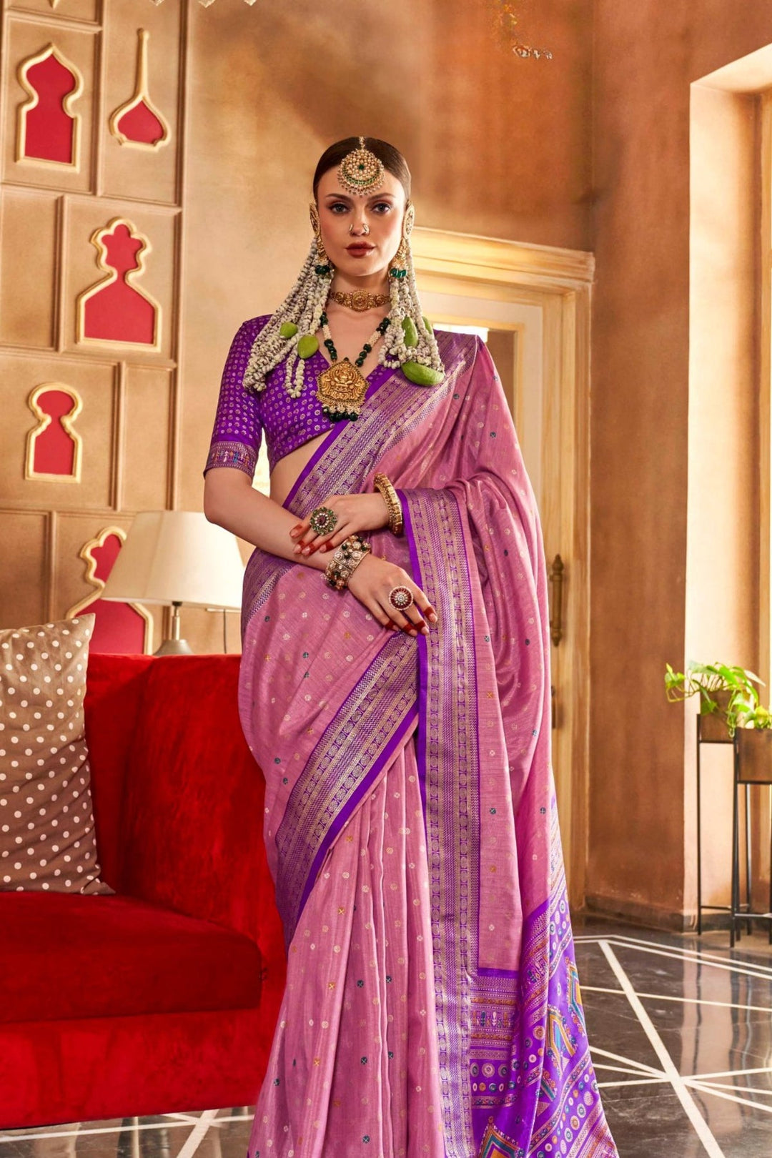 Baby Pink and Purple Printed Designer Patola Saree