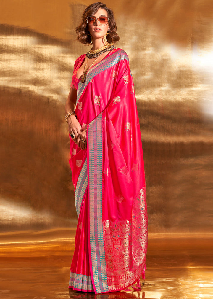 Dark Pink Pure Satin Chaap Handloom Weaving Silk Saree