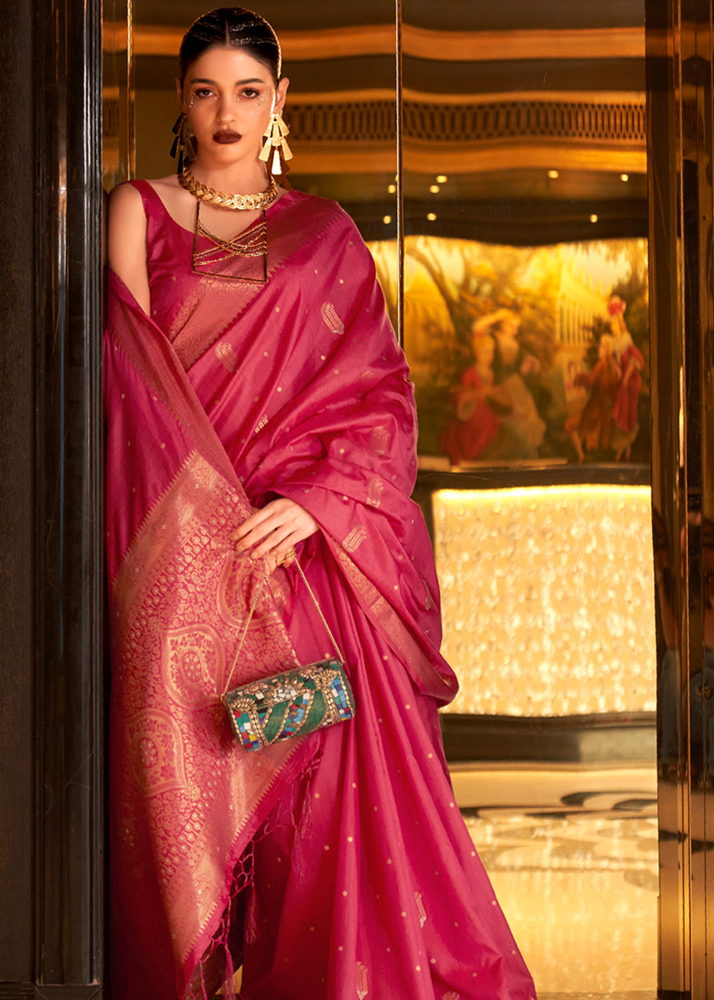 Raspberry Pink  Zari Handloom Woven Tussar Silk Saree