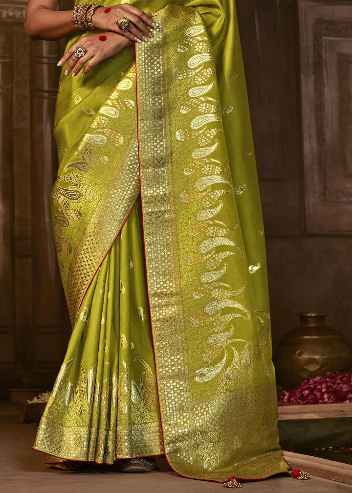 Beautiful Green Woven Pure Dola Silk Saree with Designer Purple Blouse