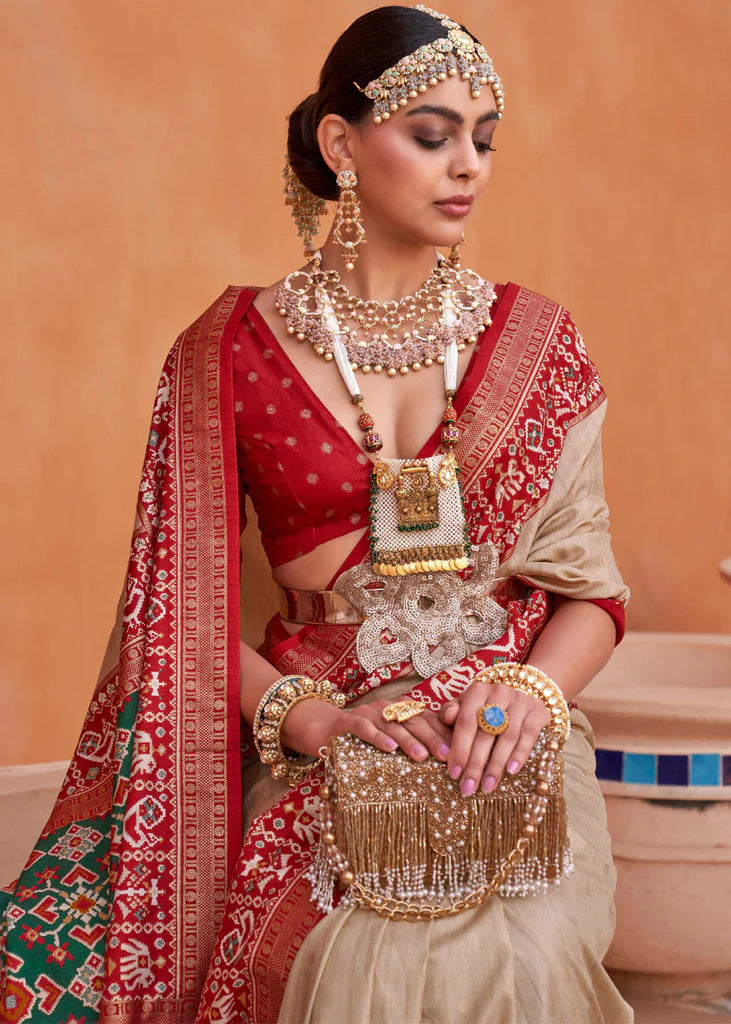 Beige And Red Designer Patola Saree