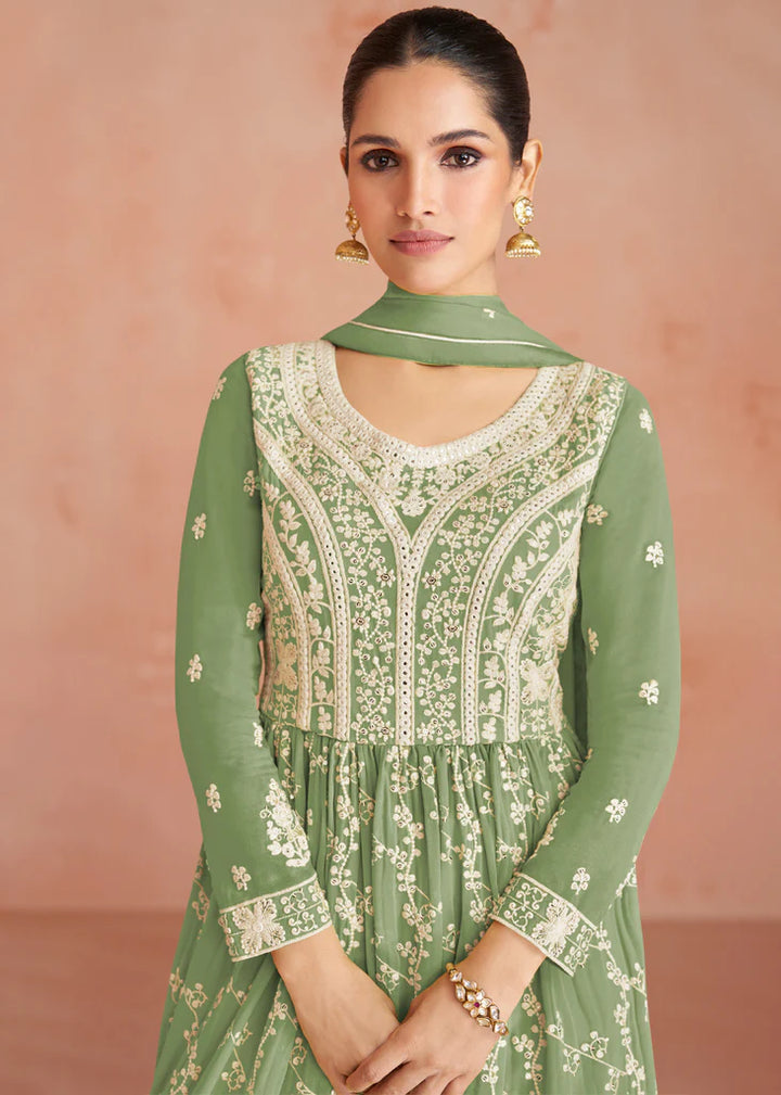 Dusky Green Designer Embroidery Georgette Dress