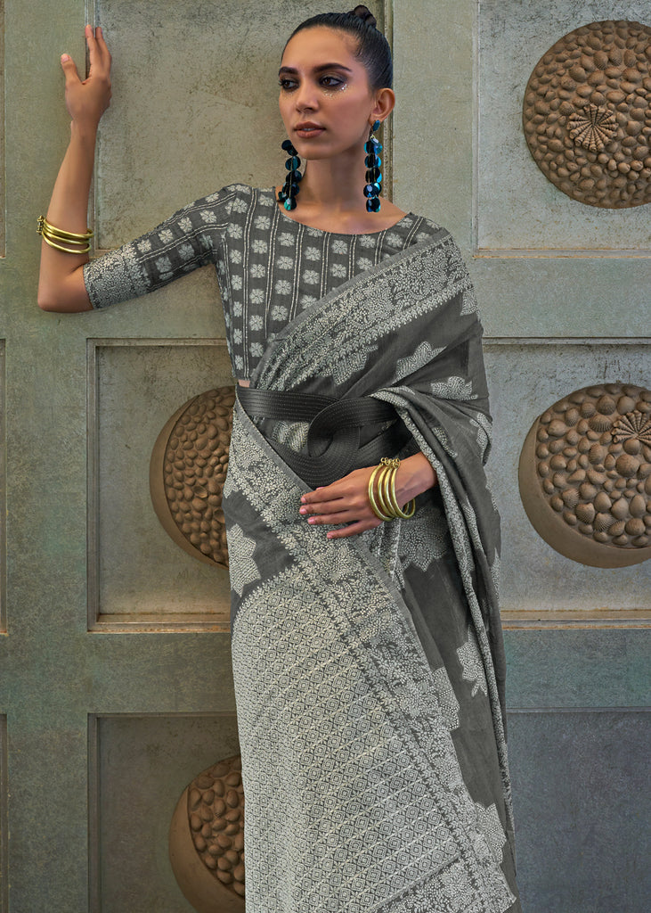 Charcoal Grey Woven Lucknowi Chikankari Silk Saree