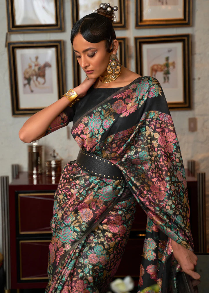 Royal Black Woven Kashmiri Saree And Blouse