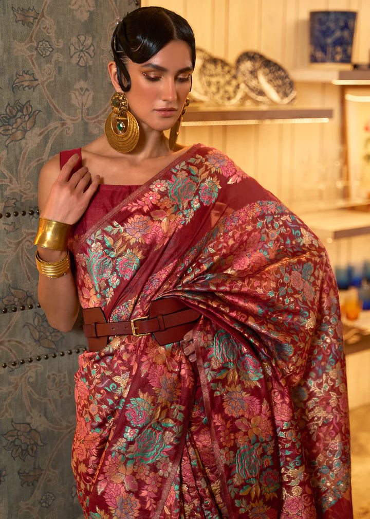 Dark Maroon Woven Kashmiri Saree And Blouse