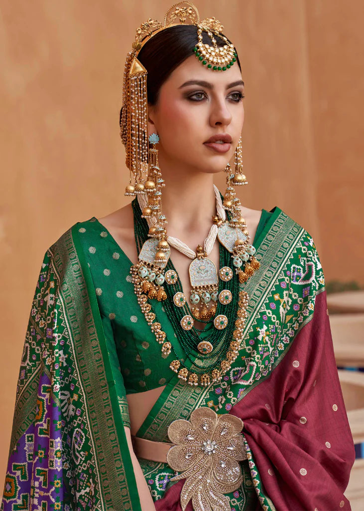 Dark Maroon And Green Designer Patola Saree