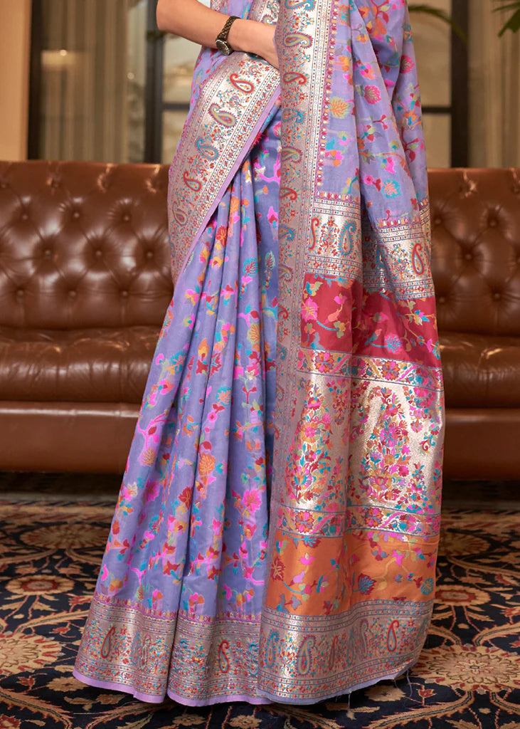 Multi Color Lovender Woven Kashmiri Saree