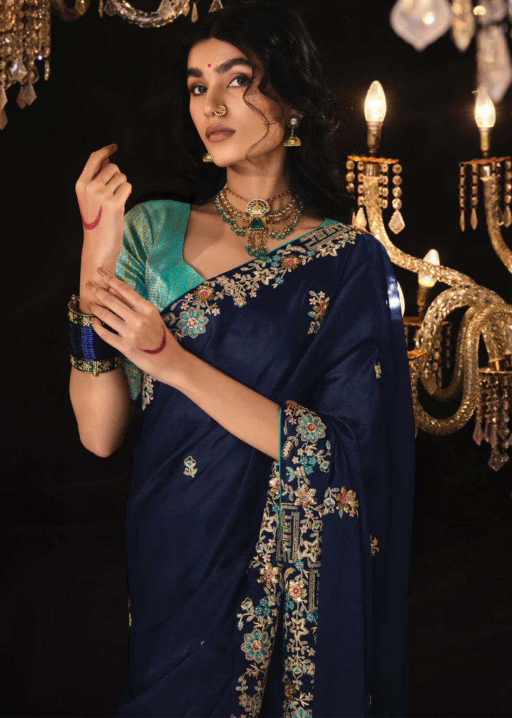 Traditional Blue Tissue Embroidery Designer Saree (Copy)