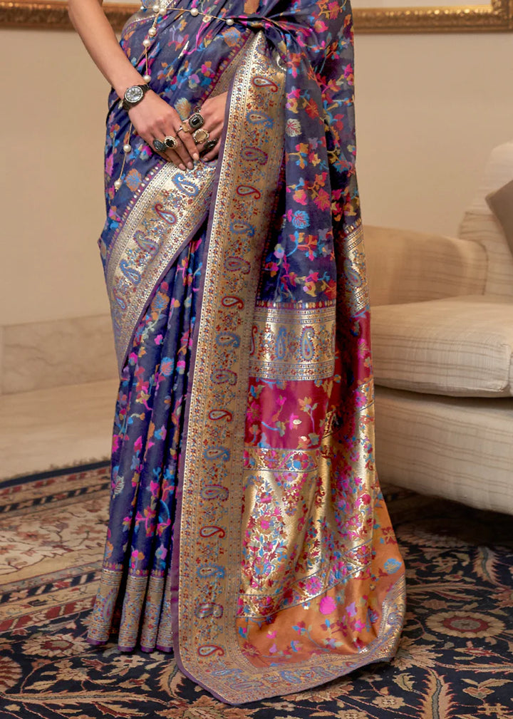 Multi Color Navy Blue Woven Kashmiri Saree