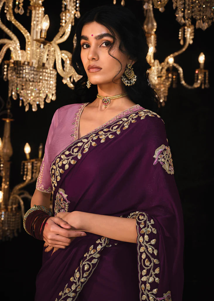 Rich Purple Tissue Embroidery Designer Saree