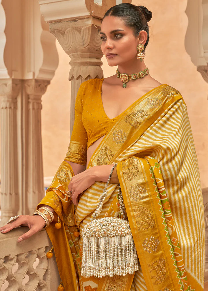 Mustard Yellow Designer Silk Patola Saree With Blouse