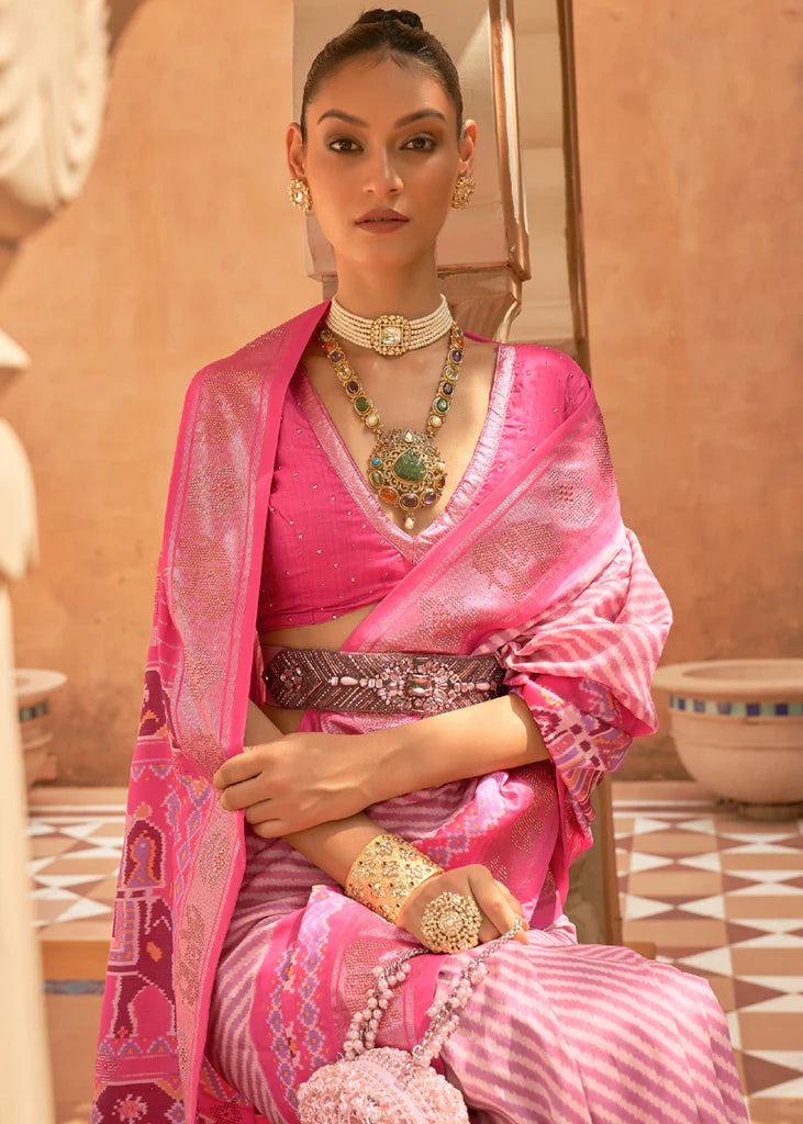 Hot Pink Designer Silk Patola Saree With Blouse